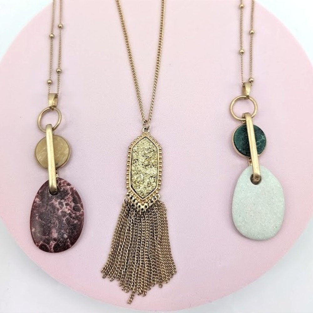 Necklace Lot 3 Semi‎ Precious Stone Gold Tone Druzy Tassel Boho Chic Coachella